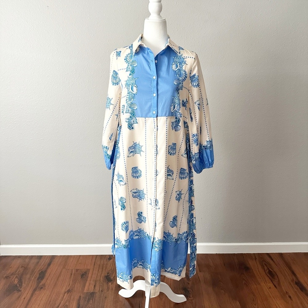Celina Moon X Anthro Shell Print Tie Waist Midi Shirt Dress Women's Size Medium - Picture 3 of 15